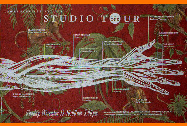 STUDIO TOUR #1 — 2005 I was asked by my friend James Church if I would design the first poster for the tour. He along with Mary Coleman and Ron Donoughe ran the tour in those early years. I had this idea to use this Gray's Anatomy illustration of the arm to represent Butler Street... marking different veins along the arm as the artist's studios. That part wasn't very accurate. It was just meant to get that point across. PRINTING PROCESS white silkscreen onto wall paper. I chose 6 different patterns of wallpaper so that the artists could choose the one that suited their personality the best.