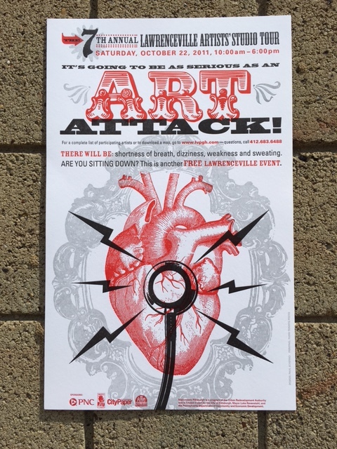 STUDIO TOUR #7 — 2011 The Art Attack poster was my reaction to people's over reaction from the year before, when folks were acting like they needed to reach for the nitro glycerine. PRINTING PROCESS Three-color letterpress on heavy grade white paper.