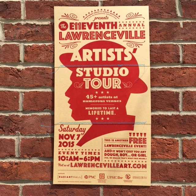 STUDIO TOUR #11 — 2015 I really wanted to make the Doughboy the focal point of this poster and decorate the title as much as I could. I also wanted to collaborate with one of the artists who would be on the tour. Since I had chosen thermography to print this I knew that there was a size restriction. I printed it in three pieces, then had artist and friend, Terry Boyd , stitch them together for me. It was a fun collaboration, experimenting to find the right stitch. All of these details are taken under consideration. He was a great collaborator. PRINTING PROCESS One-color thermography on chipboard, hand stitched.