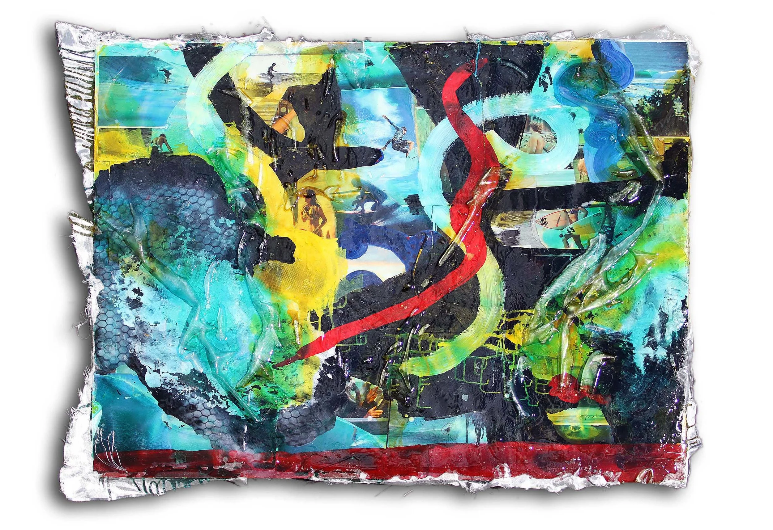 spray paint, ink, oil, resin, tints, fiberglass on plywood. 50 x 65"