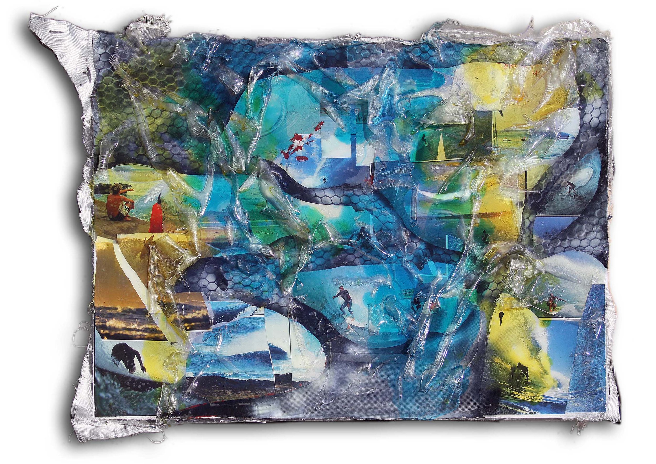spray paint, ink, oil, resin, tints, fiberglass on plywood. 38 x 52"