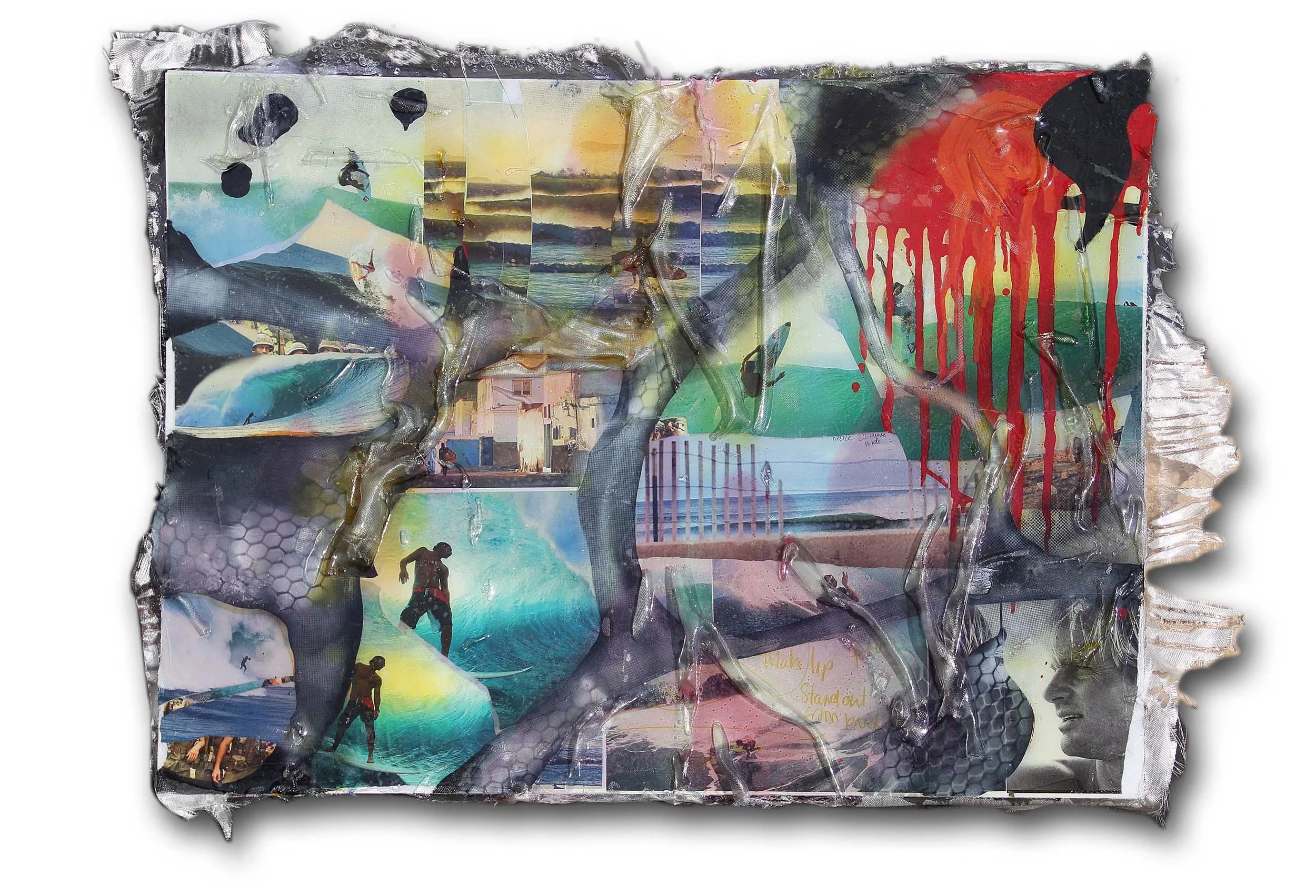 spray paint, ink, oil, resin, tints, fiberglass on plywood. 38 x 55"