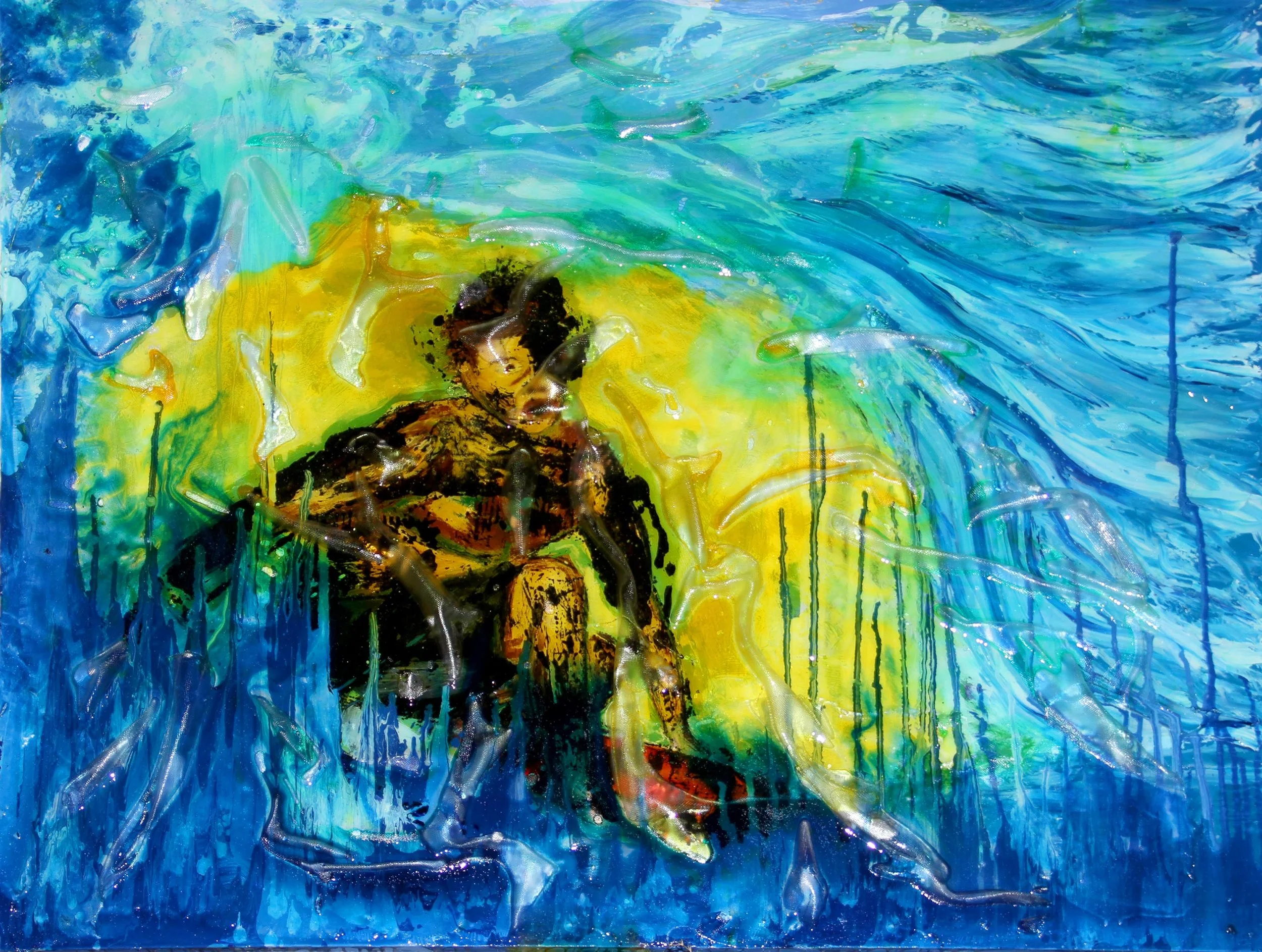 oil, resin, fiberglass on canvas. 46 x 60"