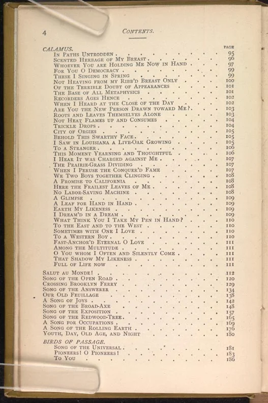 Beginning of the Poem: 1881 Leaves of Grass (T.O.C.: 'Songs')