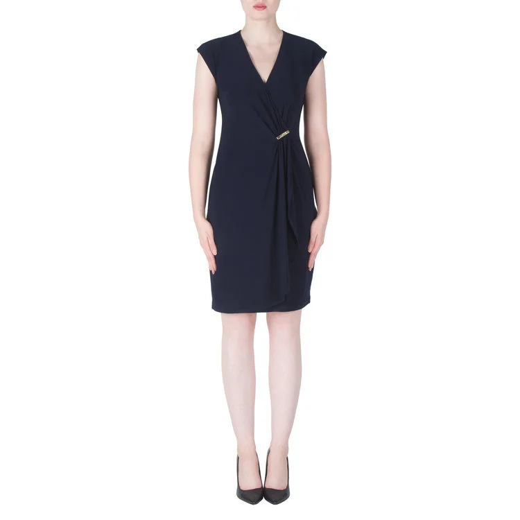 The gentle ruching and gold accessories that support the waistline of this Joseph Ribkoff wrap dress help to provide definition and accentuate one's curves. The flowing nature adds volume to the bottom, filling out the slimmer hip region. 