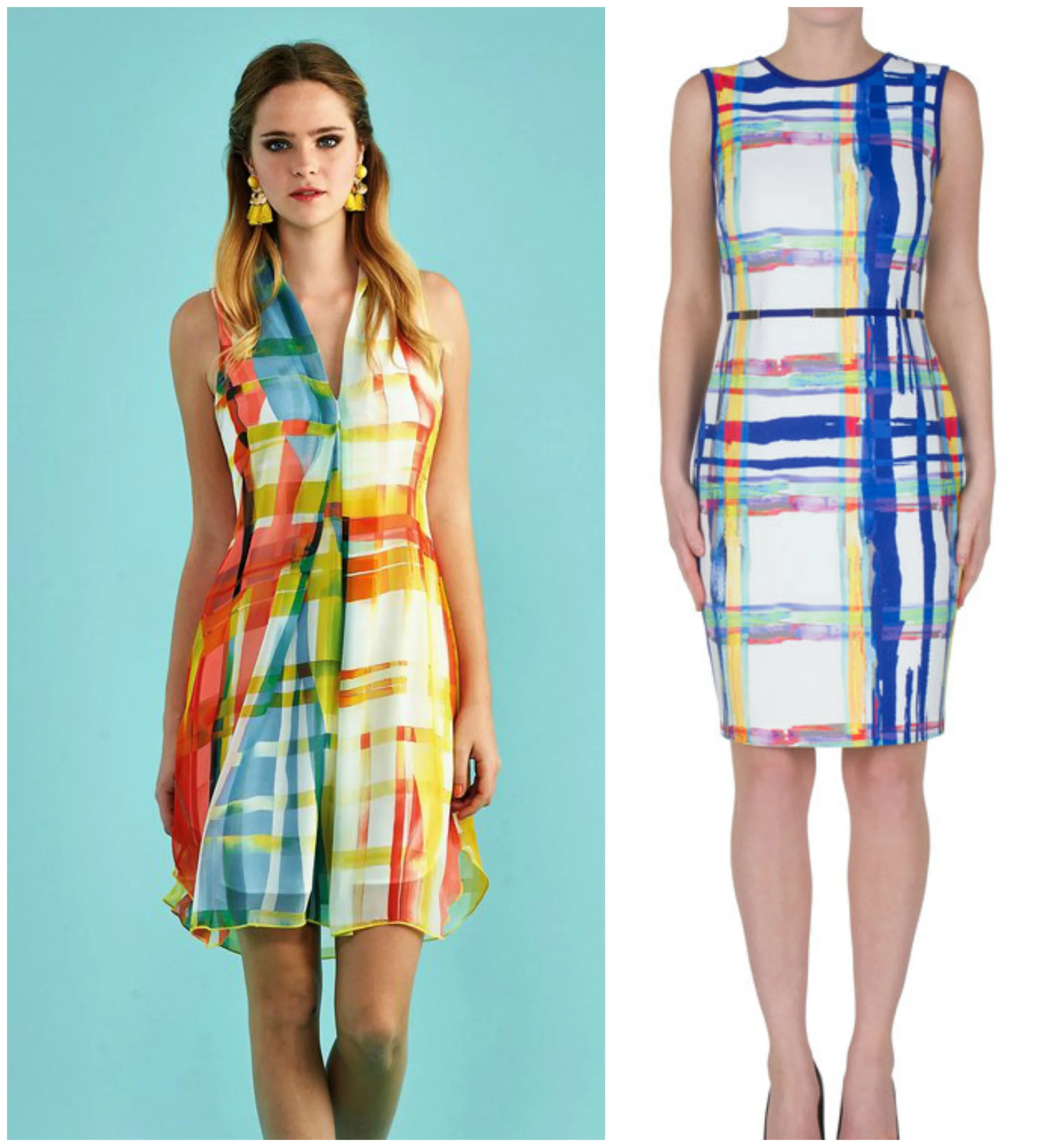 Find allover plaid overwhelming? Deconstructed plaid is a stylish way to play upon the trend in a creative way. The abstract prints used in our Tayah Print Dress and Joseph Ribkoff Plaid Dress carry the influence of the plaid trend through their use of tartan pattern and overlapping lines. 