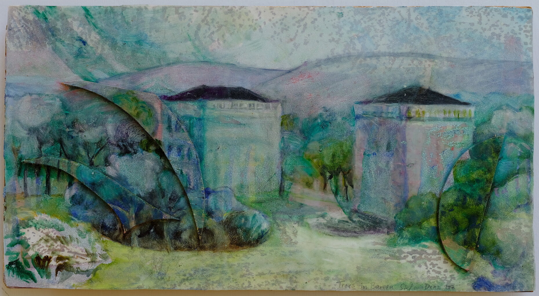 Ponds, bushes, and high hill, oil on duralar on wood, 14''x22'', 2918 copy.jpg