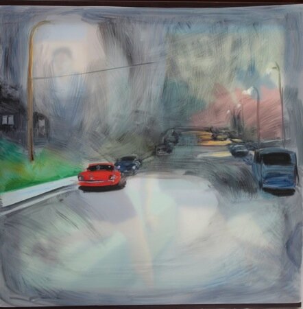 Cars on the street at night, oil on mylar and panle, 17''x17'', 2014.JPG