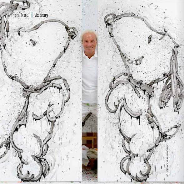 Artist odd couple: Despite coming from radically different backgrounds, Charles Schulz and Tom Everhart became friends in 1980 and stayed close until Schulz’s death in 2000. Today, Everhart makes large-scale paintings inspired by his late friend’s famous cartoon strip. Peanuts . Often the subtext of Everhart’s work says something very direct about the art of Schulz, including the seven-foot-tall paintings shown here, “Performance Art 1” (left) and “Performance Art 2” (right), both unfinished. In this series, Snoopy rises up on his kind legs, recalling the watershed moment in 1960 when “Snoopy becomes a true abstract character,” says Everhart.