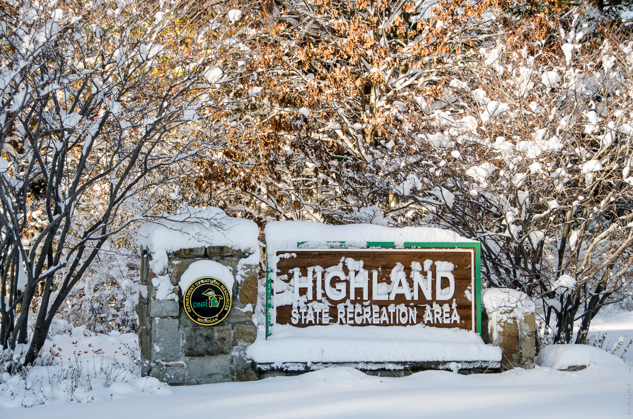 The Highland State Recreation Area sign covered with snow on November 21, 2015.