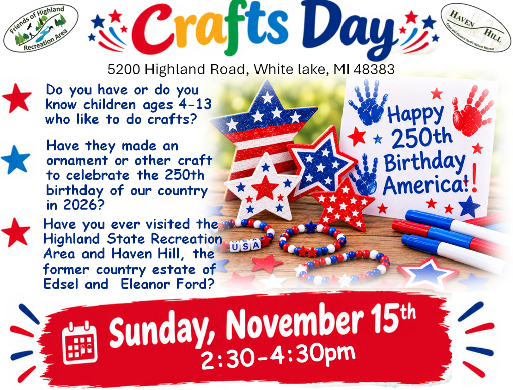 Crafts for Kids at the Haven Hill Gatehouse - Highland Recreation Area - November 15th