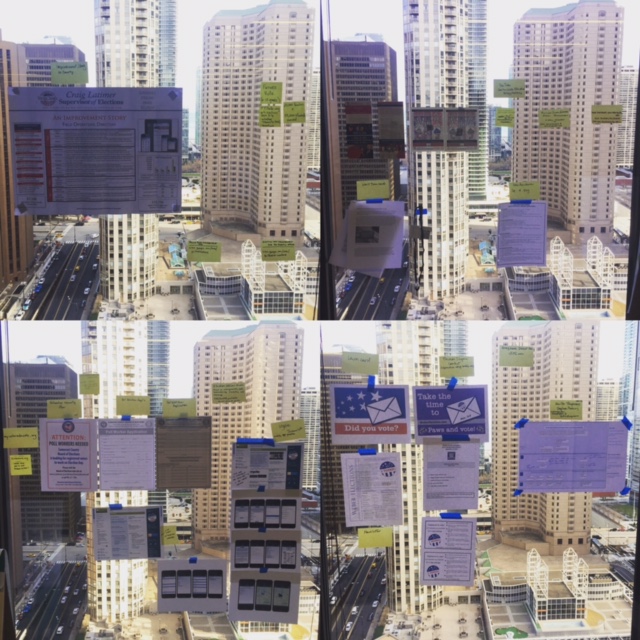 Show-and-tell materials posted in the window facing Lake Michigan.