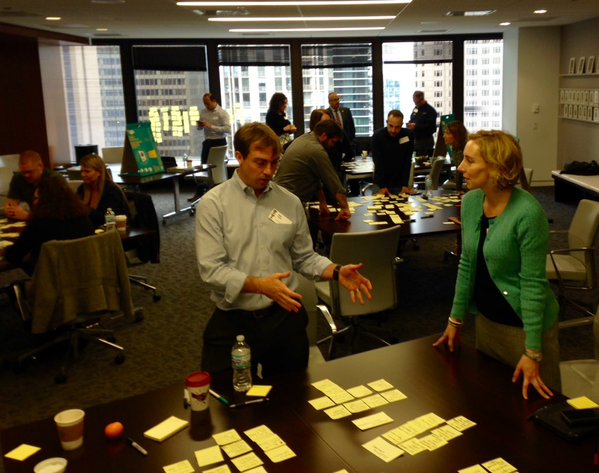 Election officials brainstorm and organize ideas for the Toolkit using sticky notes