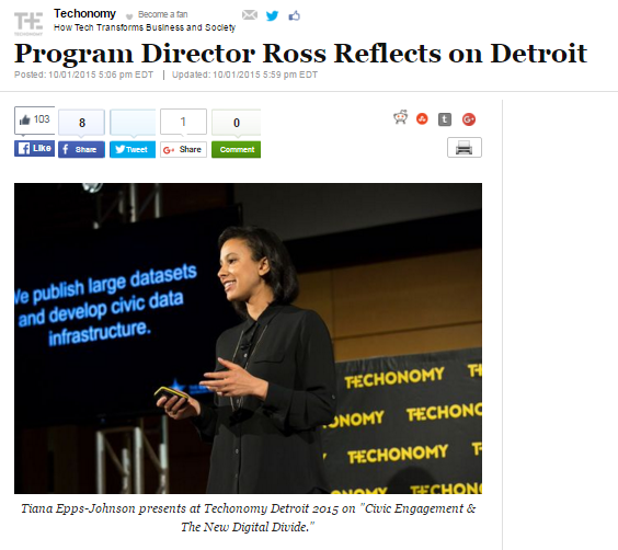 Screenshot from Huffington Post story about Techonomy featuring picture of Tiana presenting her slides
