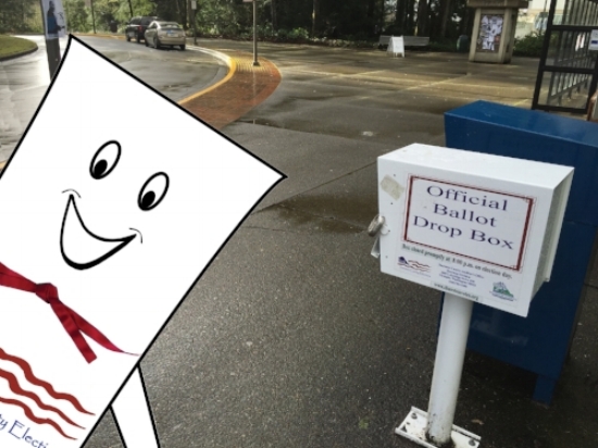 Billy takes a selfie with a drop box on the campus of Evergreen State University. Photo courtesy of Valerie Walston.