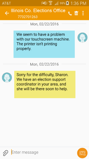 Smartphone screenshot showing an example of texting poll workers using Google Voice