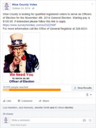 Screenshot of Facebook ad recruiting poll workers using the iconic "I want you" Uncle Sam imagery