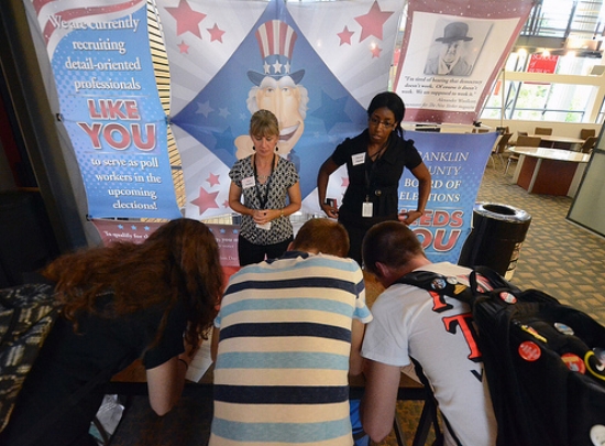 Staff members recruit poll workers at the Ohio State University. Photo courtesy of Christine A. Fulara.