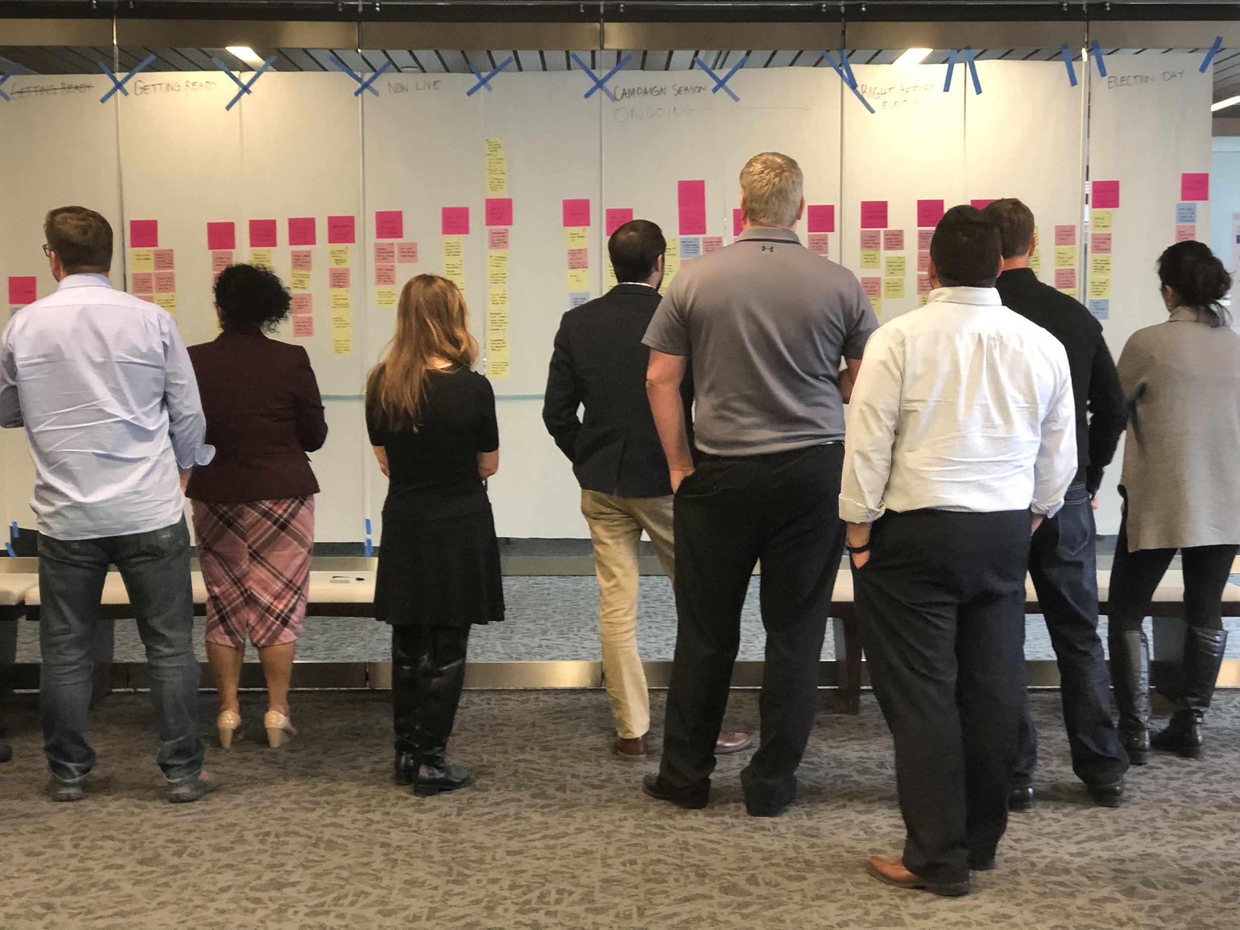 Workshop attendees view a wall of sticky notes before voting.