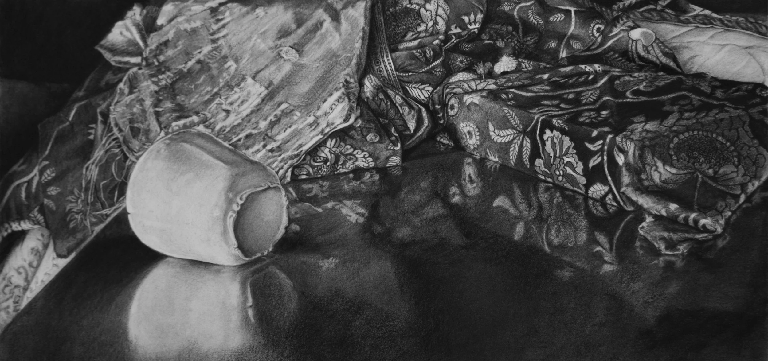 porcelain, cotton print and silk on lacquered wood, charcoal on paper, 19” x 40”