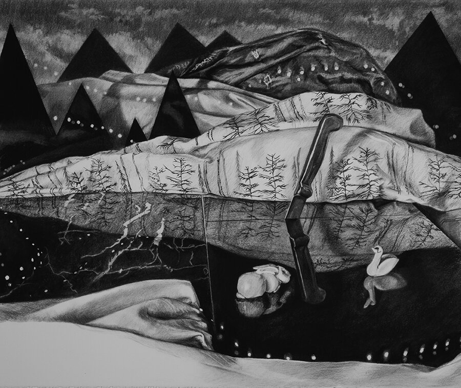  black lake, charcoal on paper, 30” x 26” 