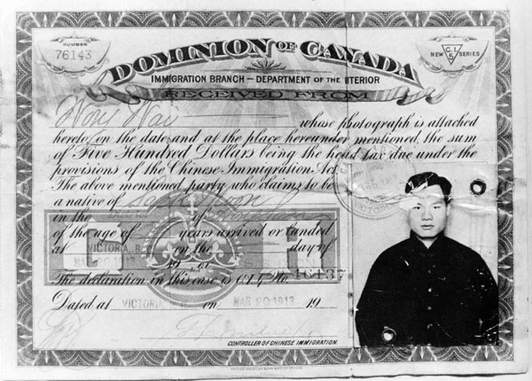 Chinese Head Tax Certificate, Victoria, BC, 1913