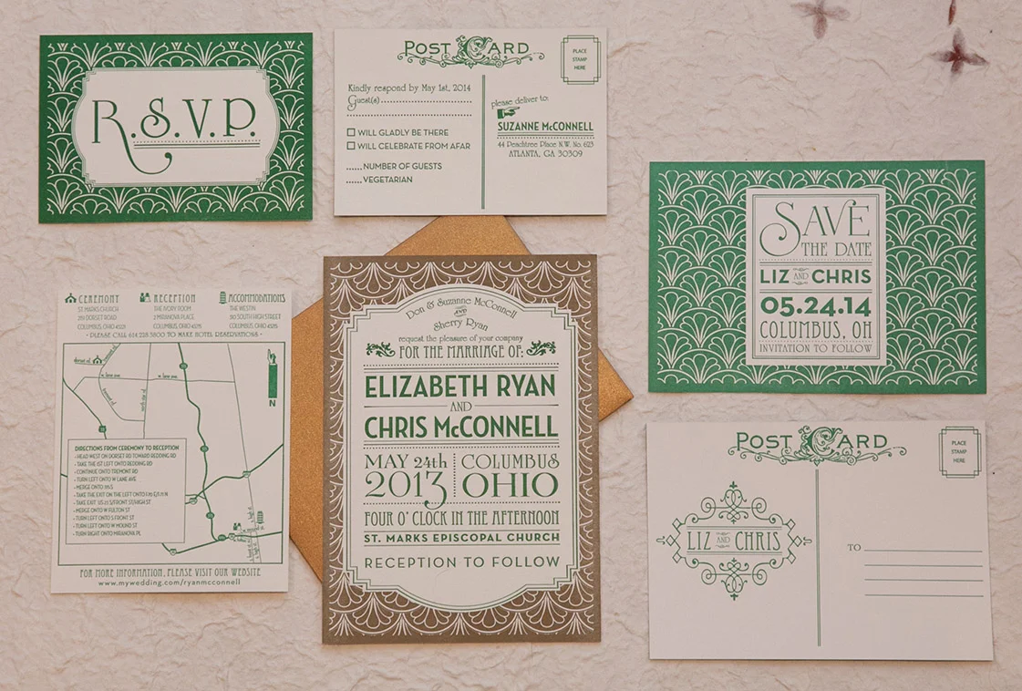  Liz and Chris wanted a 1920's themed invitation. Their vision was achieved in this letterpressed wedding suite by the treatment of the type and the incorporation of art deco graphics. 