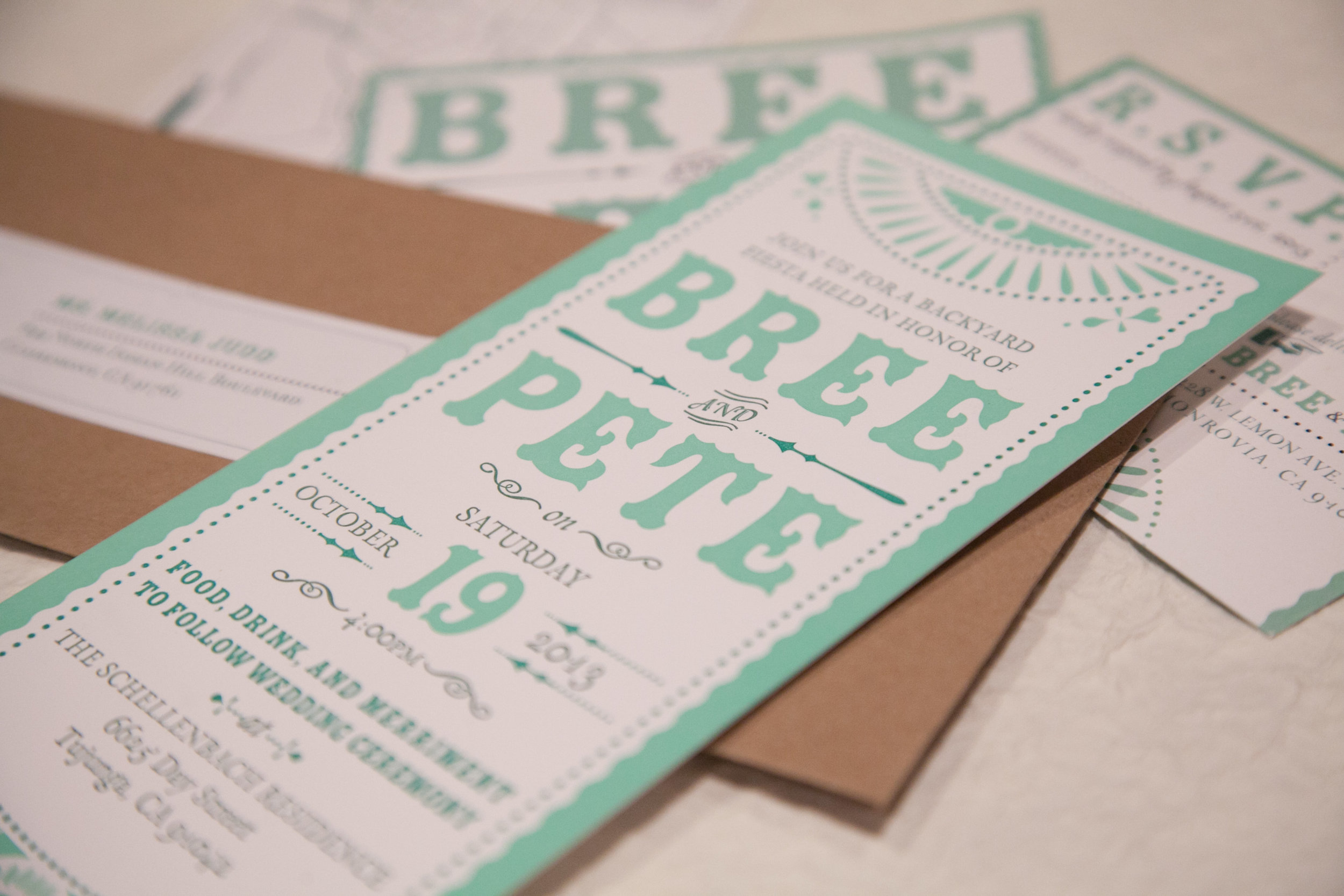 bree and pete wanted a casual wedding. with that said, they wanted the theme of the wedding to be a backyard fiesta. mexican fiesta flags inspired the letterpress invitations. i enjoyed playing with the type and graphics. i definitely wanted to exude the couple’s playful personality. 
