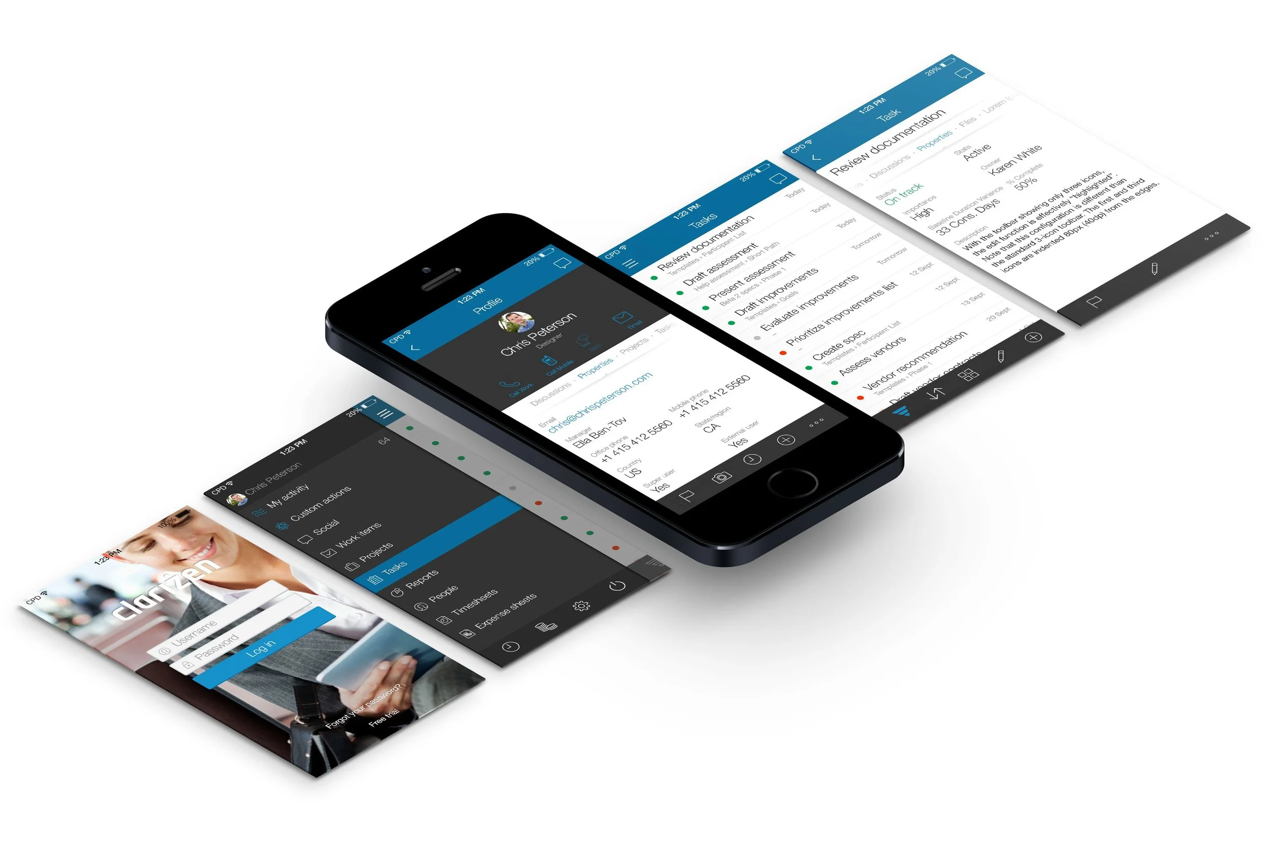 Clarizen Complete UX (IA, UI, design) for an enterprise project collaboration app, here shown as developed for iOS.