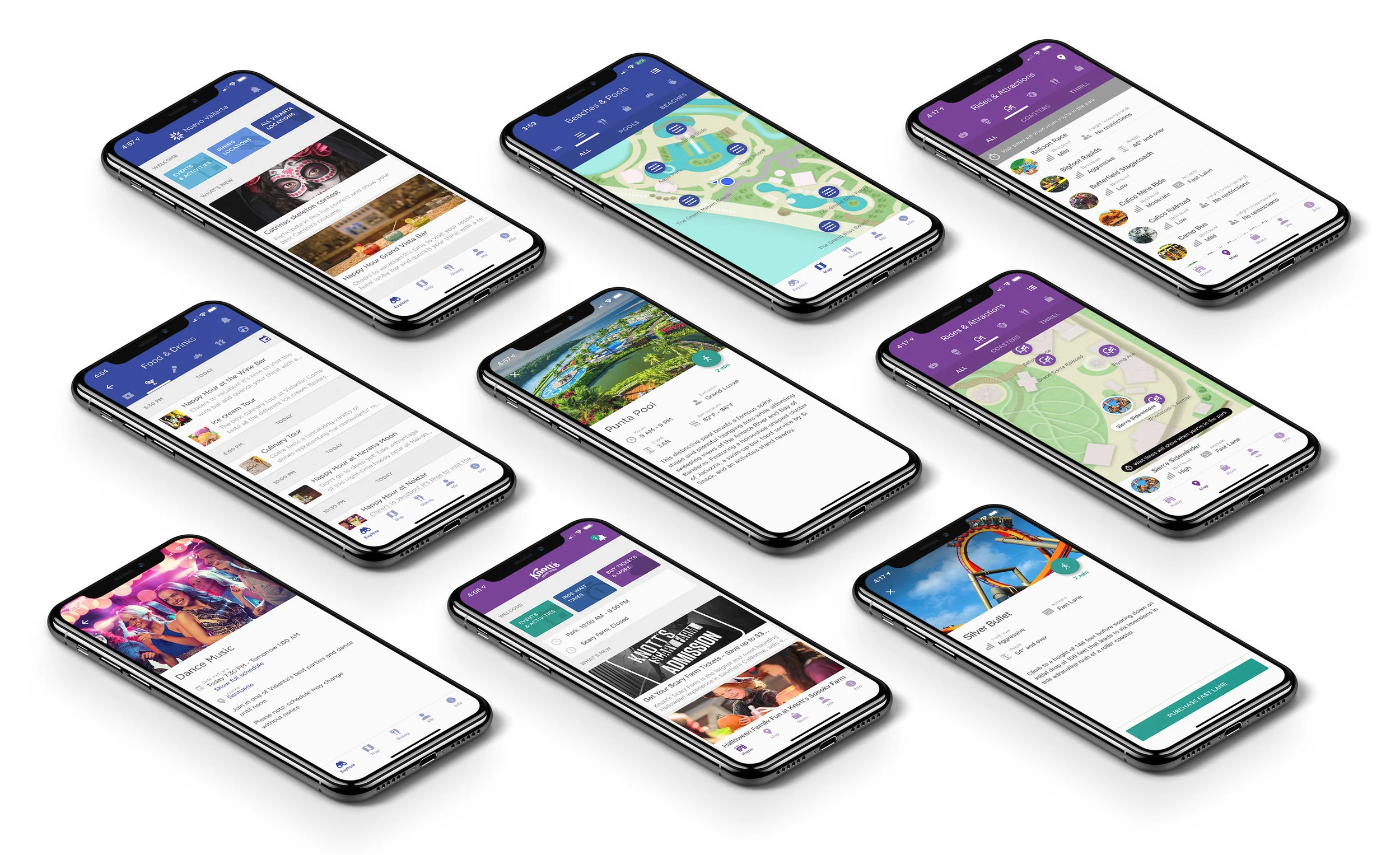 The Experience Engine Complete UX (IA, UI, design) for a location-based resort and theme park app. With a focus on guest needs as well as structure considerations for providers, this app is now deployed at parks and resorts across North America.