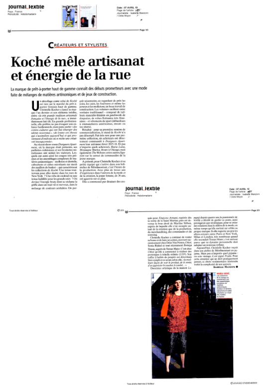KOCHÉ MÊLE ARTISANAT ET ÉNERGIE DE LA RUE / LE JOURNAL DU TEXTILE