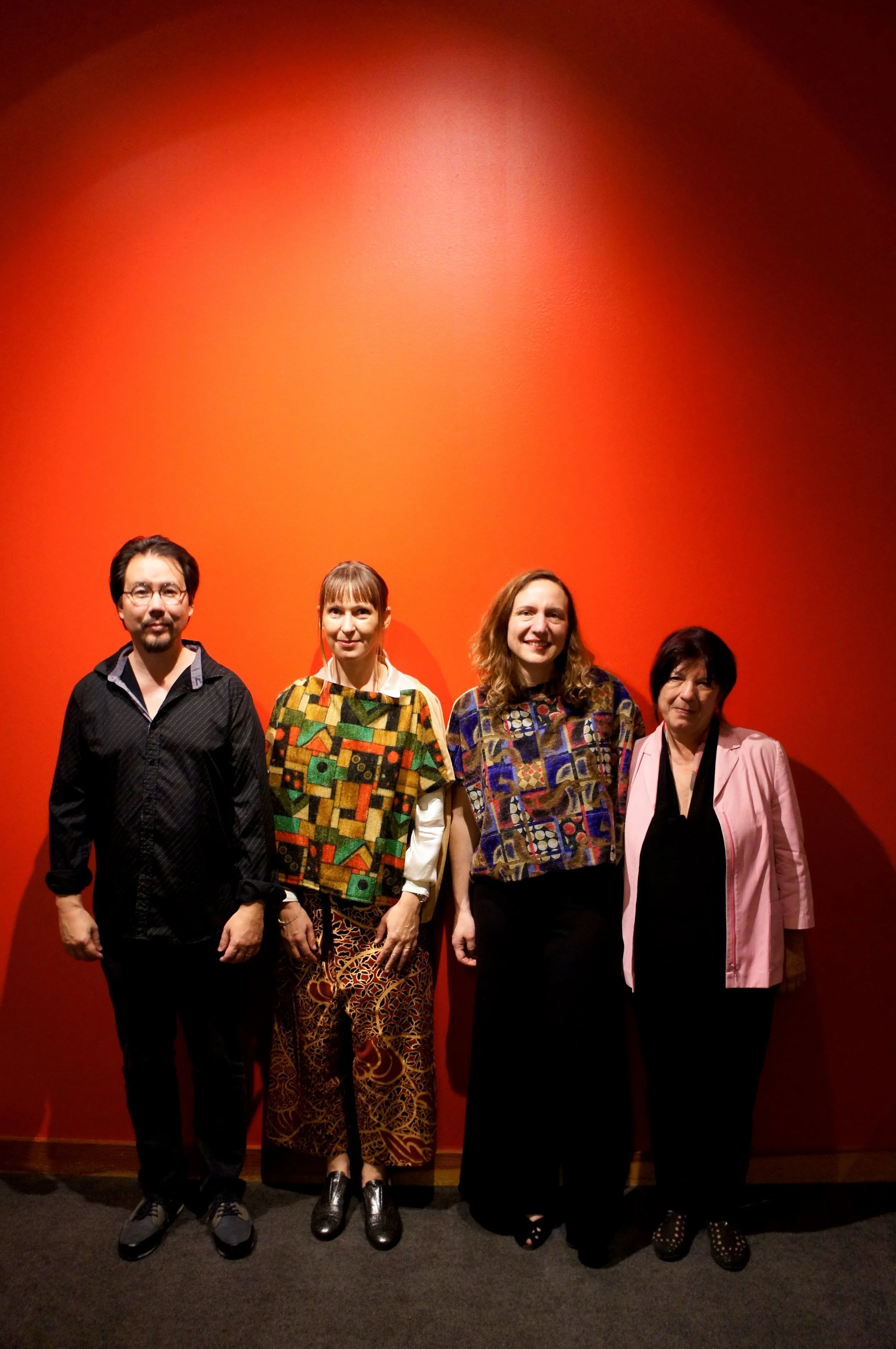 from left to right: eyvind kang, silvia tarozzi (in green block cloth shirt), deborah walker (in blue block cloth shirt), pascale criton