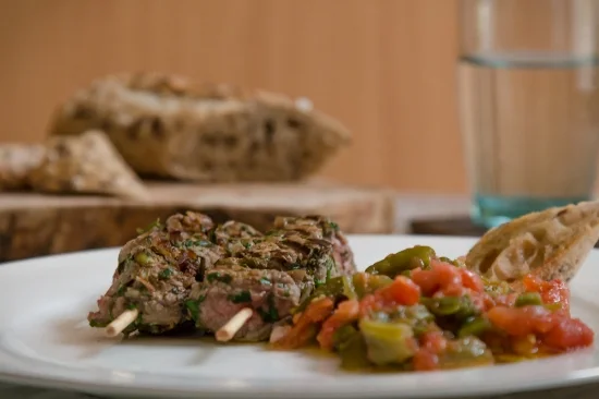 Beef Kebab + Grilled tomato and green pepper salad  (chlada mechouia)