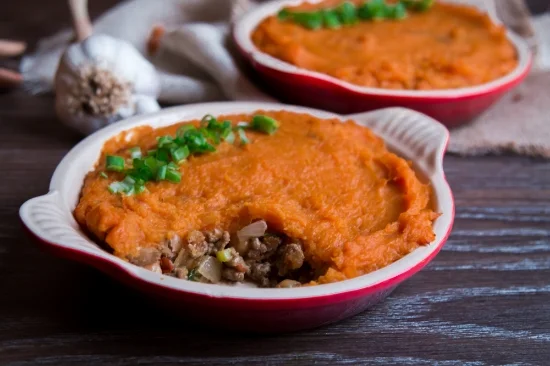 Moroccan Shepherd's Pie with Roasted Garlic Sweet Potato Mash