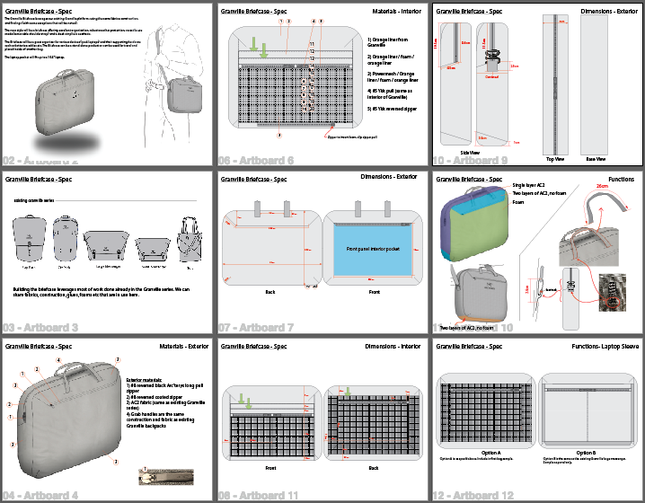 Technical schematic of a portable case with detailed specifications, dimensions, materials, components, interior and exterior views, and functions related to its design and construction.
