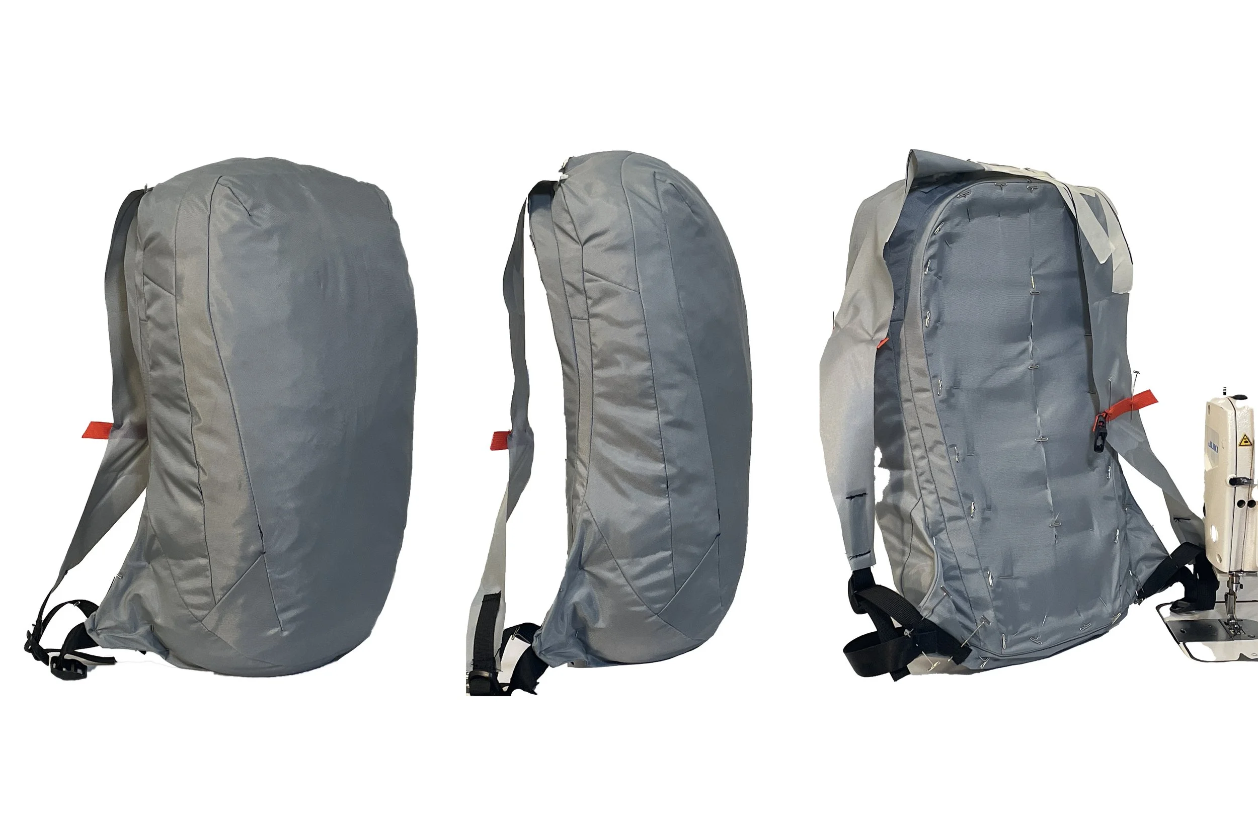 Three gray backpacks arranged from left to right, with a sewing machine visible in the background of the third backpack.