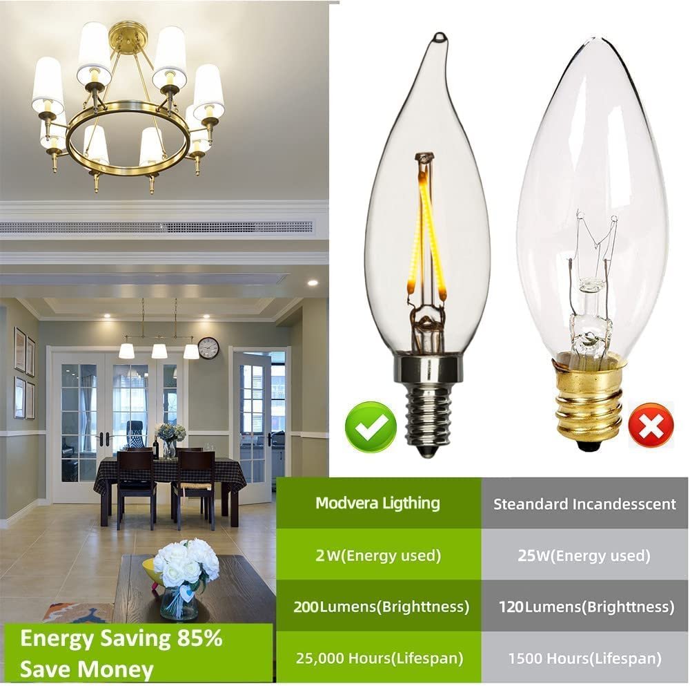 Modvera Lighting - 25W Equal LED Candelabra Bulb Bent Tip 2 Watts Warm  White 2700K E12 Base Filament Style Chandelier Bulb. UL Listed, RoHS  Compliant - 6 Pack — Modvera Lighting