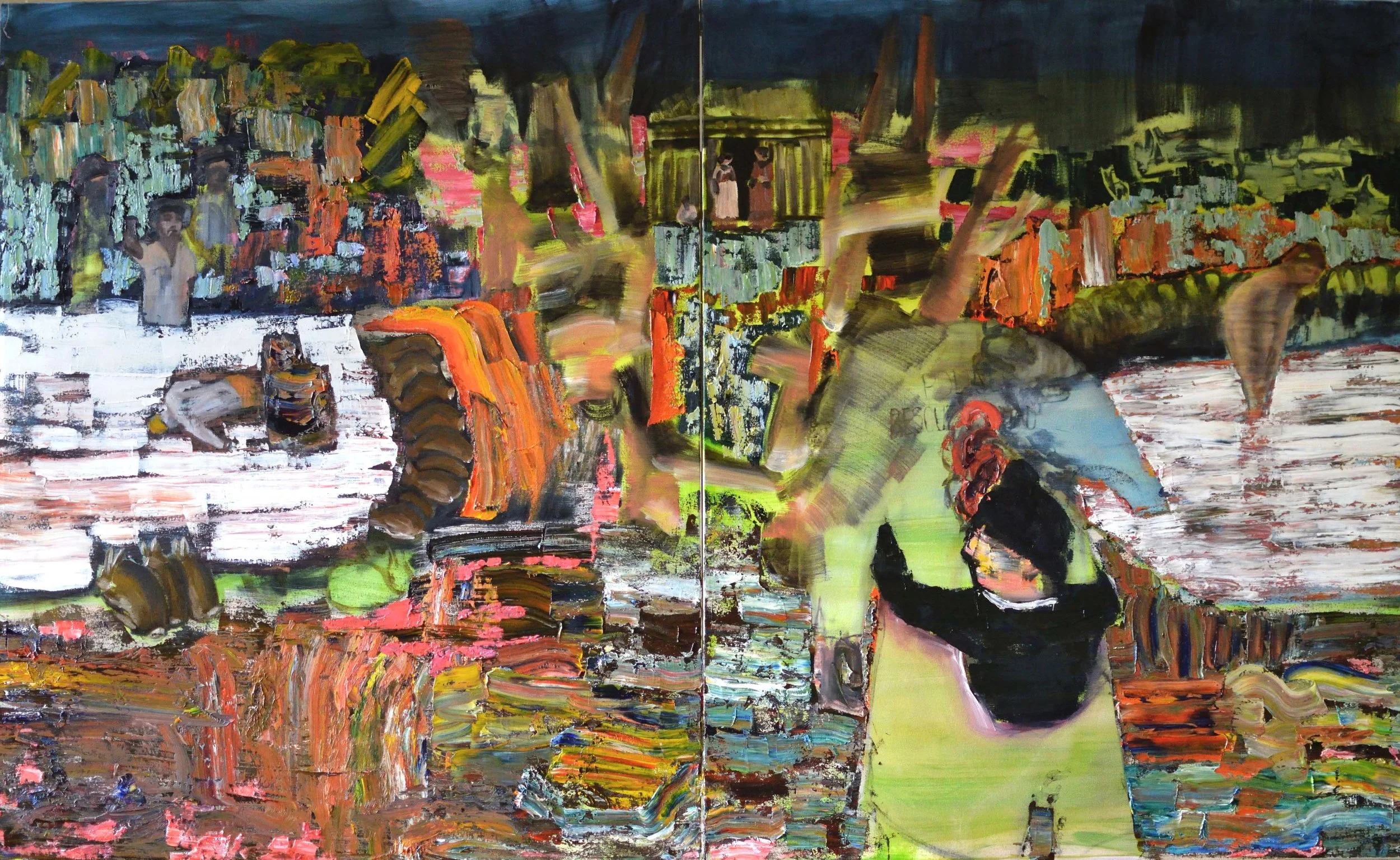 Sarah Gosling, Farewell, Happy Fields oil on canvas, 184 x 112 cm, available