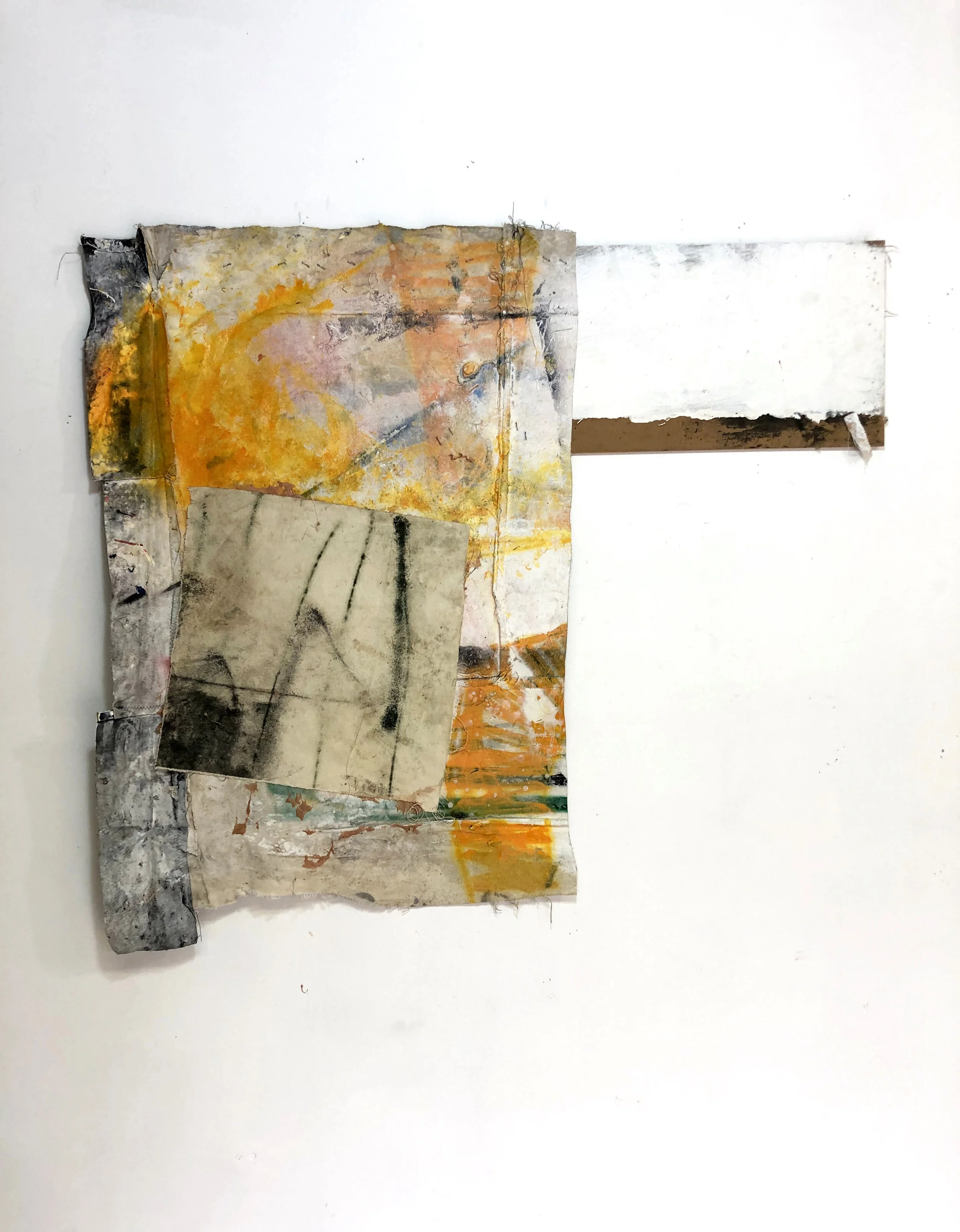 Ryan McGennisken REDRUM 5691 2019 Acrylic, glue, staples, dirt, wood, thread, polyurethane on canvas, 106 x 118 cm, available