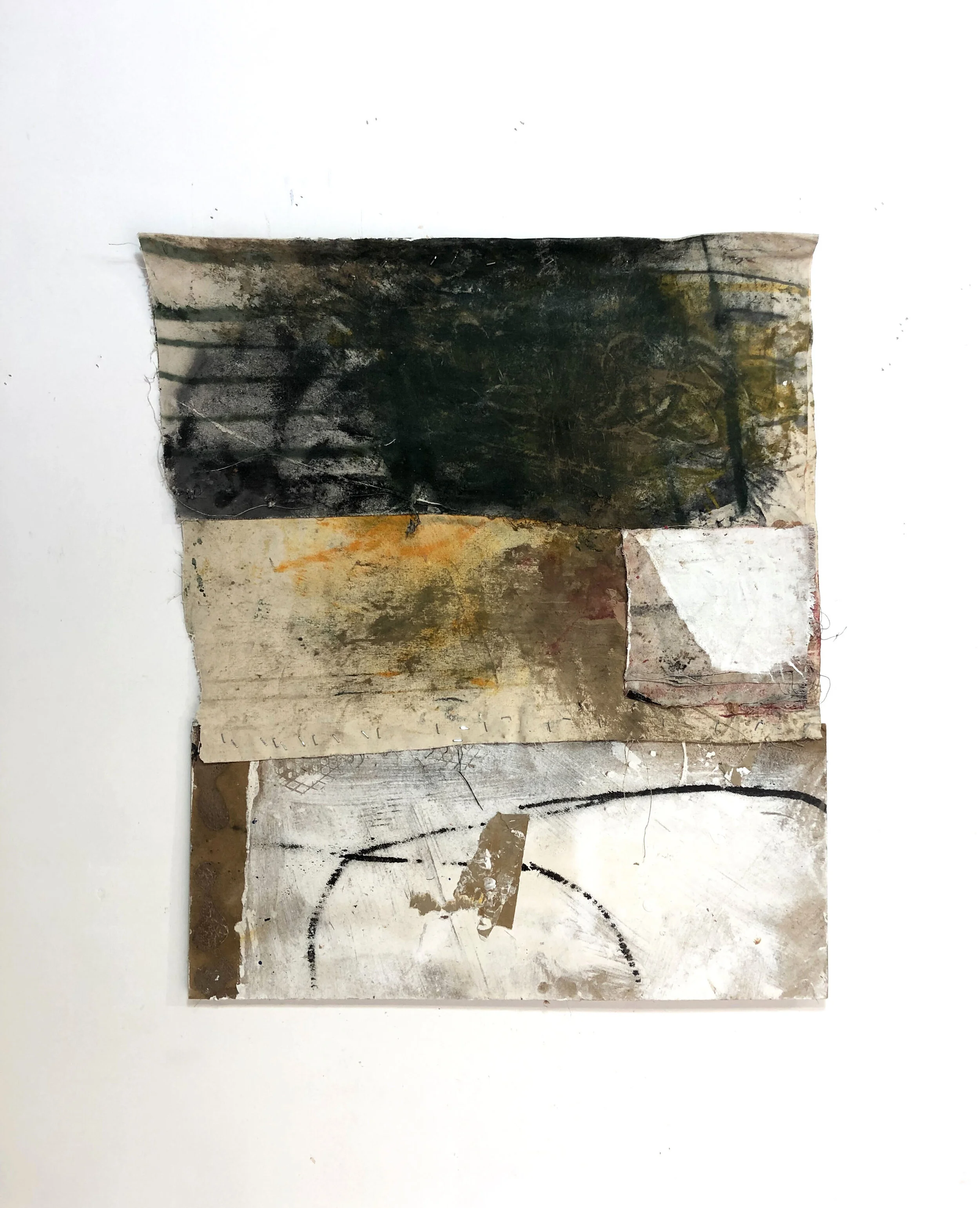 Ryan McGennisken REDRUM 5954 2019 Acrylic, glue, paper, staples, dirt, wood, thread, polyurethane on canvas, 84 x 73 cm, available