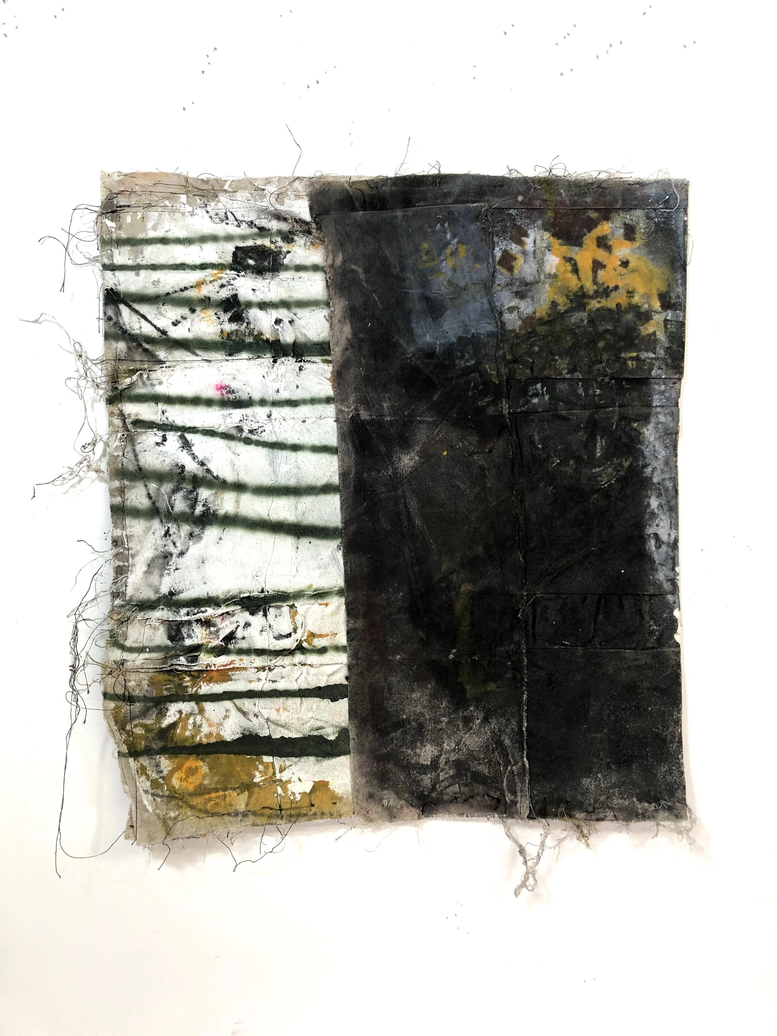 Ryan McGennisken REDRUM 5957 2019 Acrylic, glue, staples, thread, polyurethane on canvas, 63 x 58 cm, sold