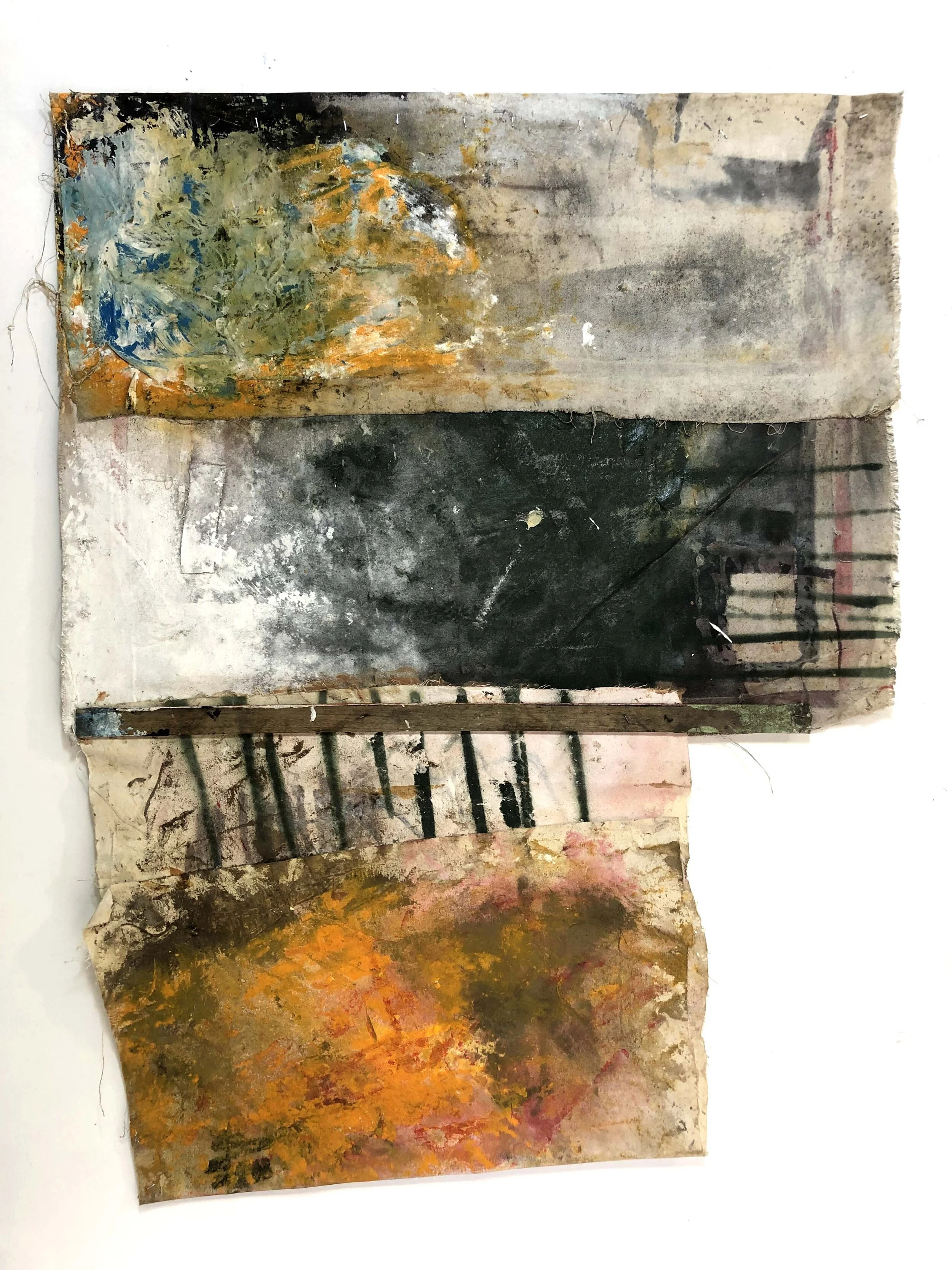 Ryan McGennisken REDRUM 5960 2019 Acrylic, glue, staples, dirt, wood, thread, polyurethane on canvas, 25 x 95 cm,available