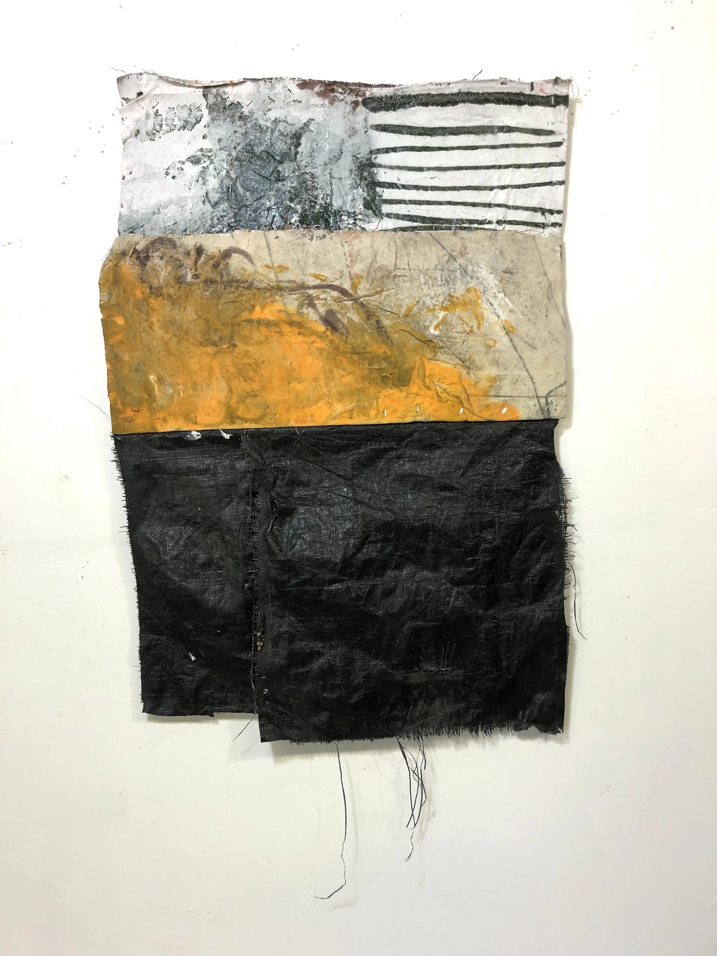 Ryan McGennisken REDRUM 5983 2019 Acrylic, tarp, burlap, glue, staples, dirt, tarp, polyurethane on canvas, 97 x 70 cm,