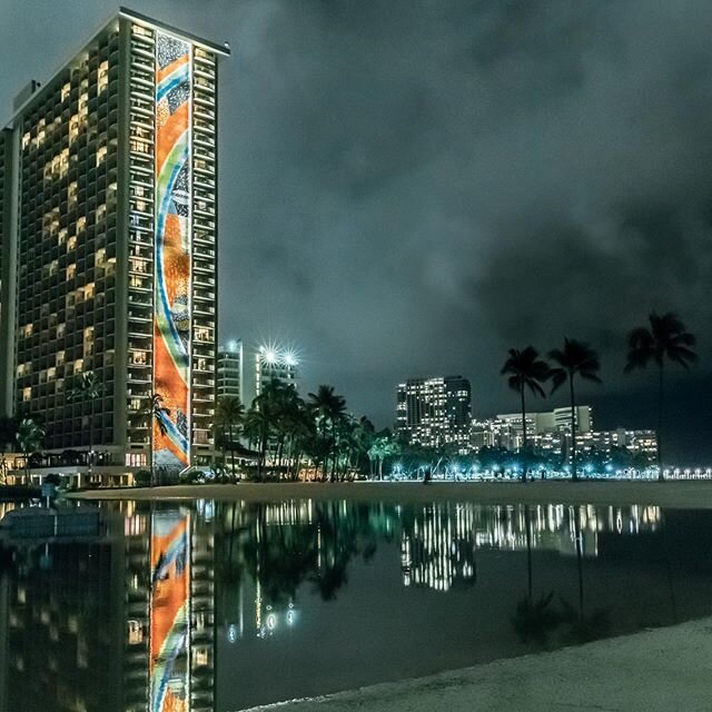 Day ONE - night shot .
.
A place that typically has thousands of people present to watch Friday night fireworks, the lagoon at Hilton Hawaiian Village was empty. Crowds were sparse, (as they should be) and it was almost unsettling to spend the time t