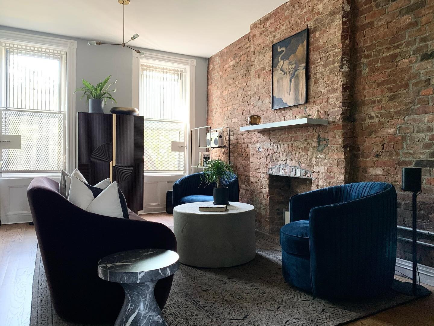A lot of curves and a vintage painting of a lioness to balance out the masculine tones of this Brooklyn abode. 🐾 
.
.
#bedstuyboogie 
#interiordesign #nycinteriordesign #moderndesign #artdeco #postmodern #midcentury #nycinteriordesigner #brooklynint