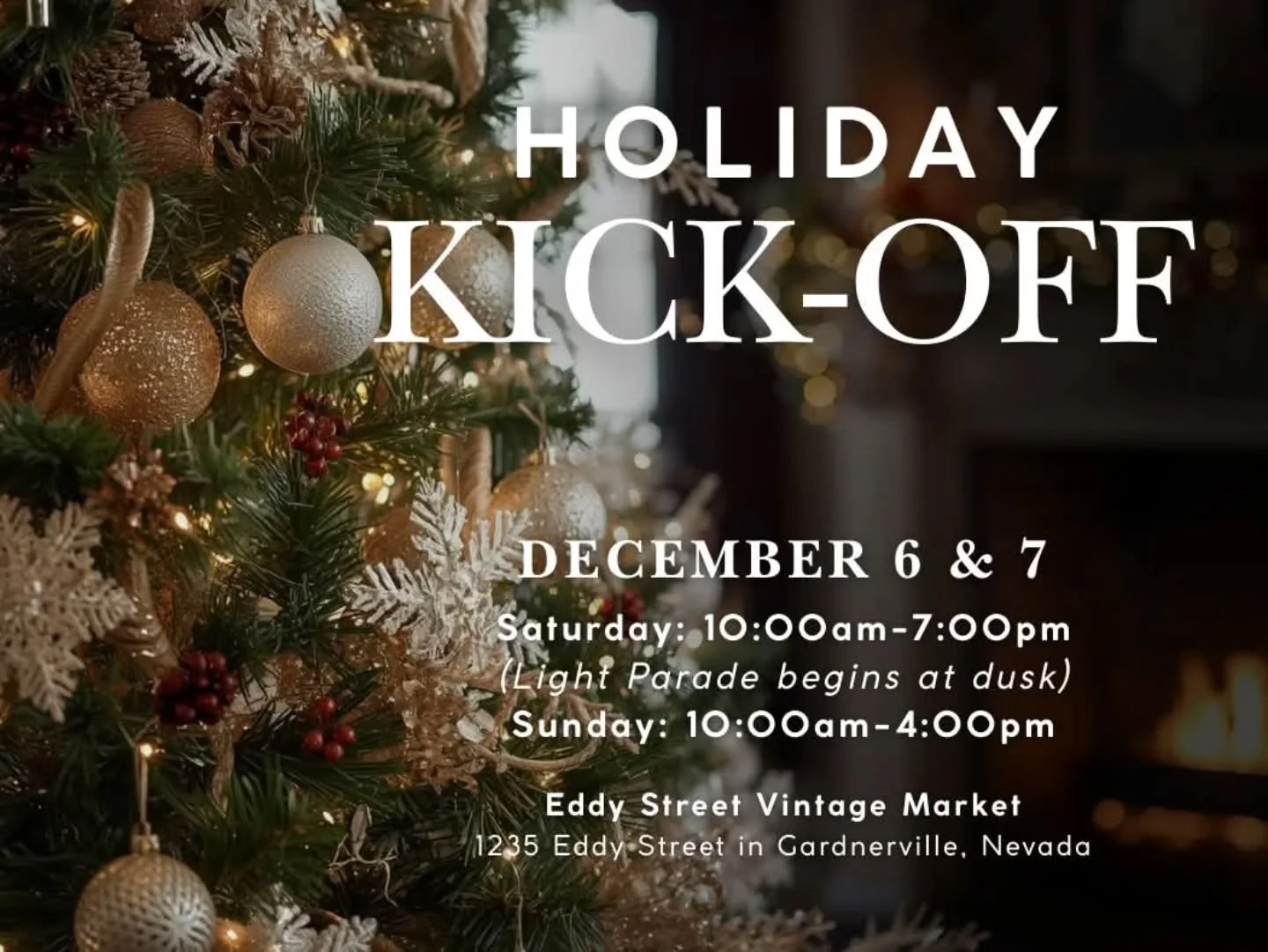 Join us THIS WEEKEND - December 6 &amp; 7 - for our Holiday Kick-off Pop-up! 

December 6 &amp; 7
Saturday, Dec. 6: 10am-7pm
(closed briefly during the Parade of Lights)
Sunday, Dec. 7: 10am-4pm
1235 Eddy Street | Gardnerville, Nevada

On Saturday, a
