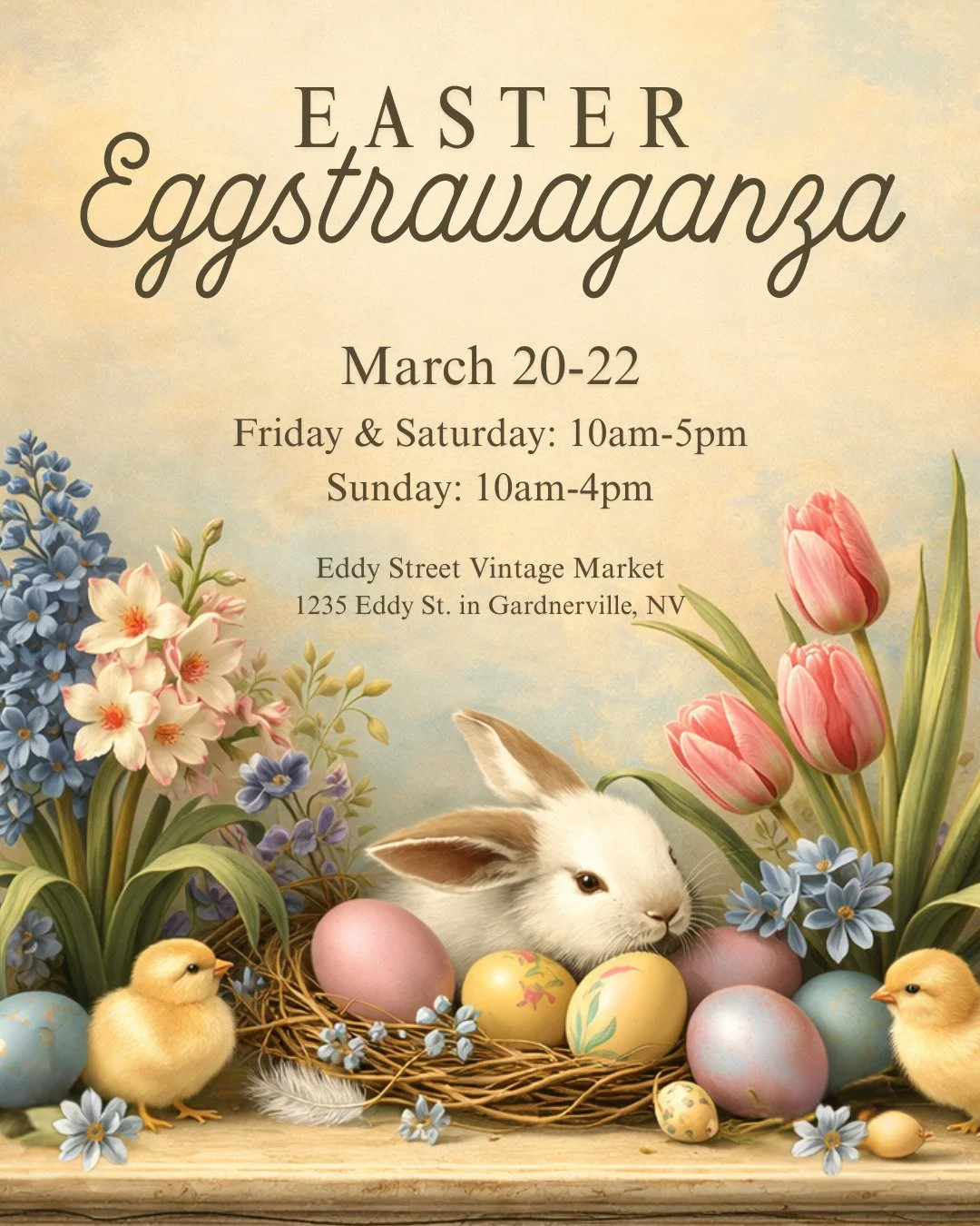 Save the Date for our Easter Eggstravaganza Pop-Up - March 20-22! 🐰

March 20-22
Friday &amp; Saturday: 10am-5pm
Sunday: 10am-4pm
1235 Eddy Street | Gardnerville, Nevada