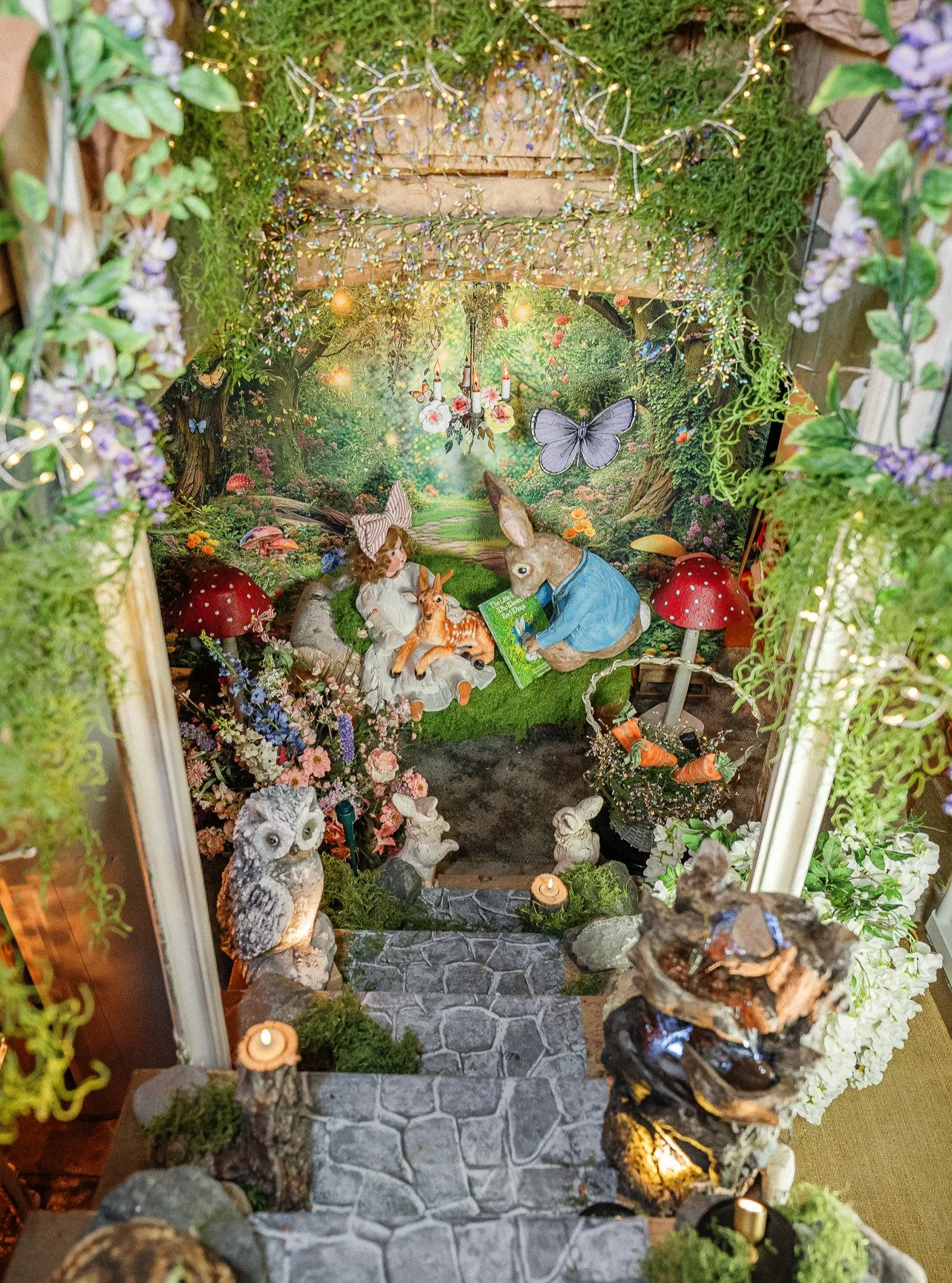 A quiet little staircase&hellip; a curious little hare&hellip; 🐰
peek if you please, there&rsquo;s magic down there 
You can&rsquo;t hop down, but you can stop and stare&hellip; 
Janet has transformed the basement into a whimsical storybook scene fo