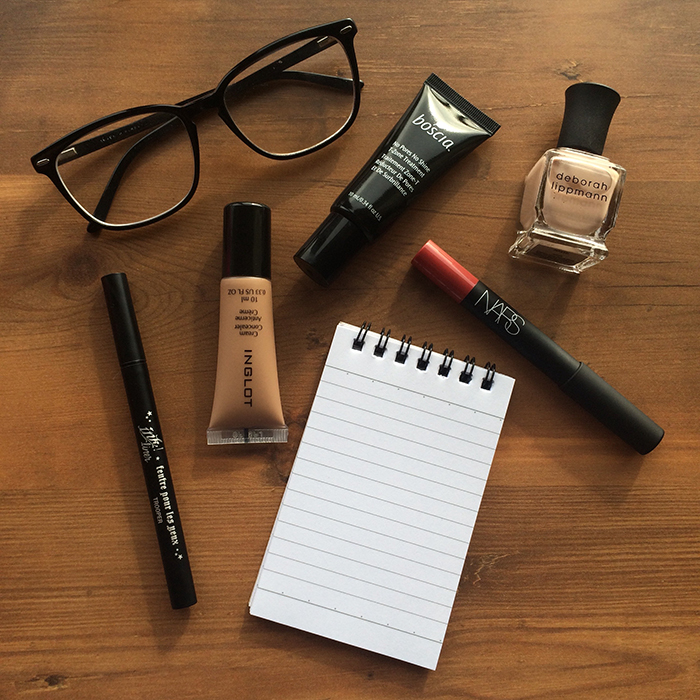 Clockwise From The Top: 1) Boscia No Pores No Shine T-Zone Treatment, 2) Deborah Lippmann Nail Lacquer In 'Naked', 3) NARS Velvet Matte Lip Pencil In 'Dolce Vita', 4) Kat Von D Ink Liner In 'Trooper', and 5) Inglot Cream Concealer In '29'
