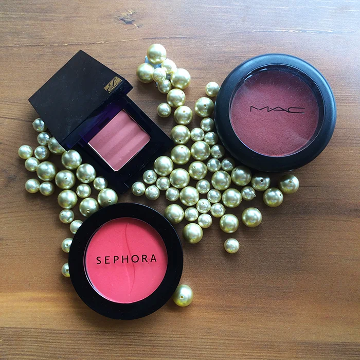 1) Estee Lauder Tender Blush in 'Nude Rose', 2) MAC Sheertone Shimmer Blush in 'Peachykeen', and 3) Sephora Blush in 'Orange Pop'